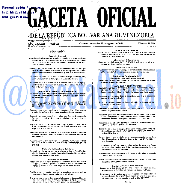 Gaceta Oficial 38506 del 23 Agosto 2006