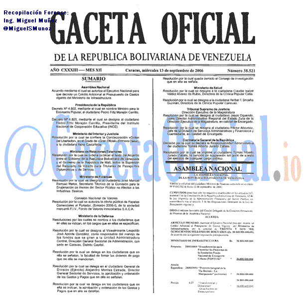 Gaceta Oficial 38521 del 13 Septiembre 2006