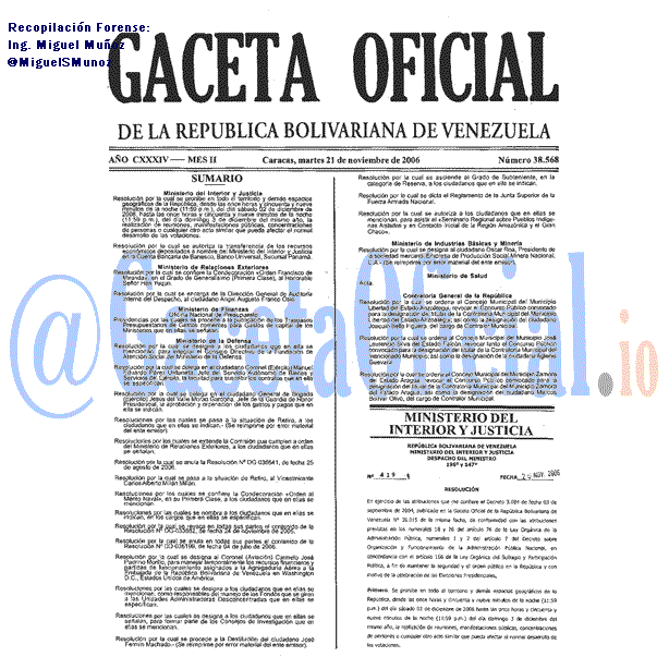 Gaceta Oficial 38568 del 21 Noviembre 2006