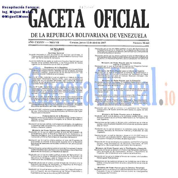 Gaceta Oficial 38662 del 12 Abril 2007