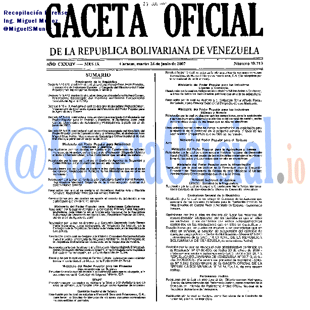 Gaceta Oficial 38713 del 26 Junio 2007