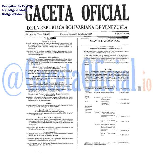 Gaceta Oficial 38725 del 13 Julio 2007