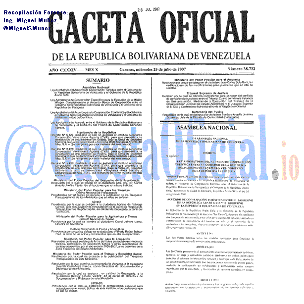 Gaceta Oficial 38732 del 25 Julio 2007