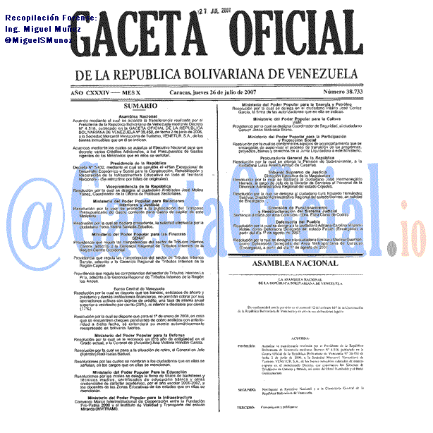 Gaceta Oficial 38733 del 26 Julio 2007