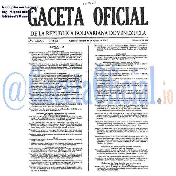 Gaceta Oficial 38759 del 31 Agosto 2007