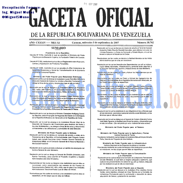 Gaceta Oficial 38762 del 5 Septiembre 2007