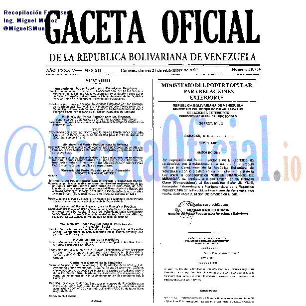 Gaceta Oficial 38774 del 21 Septiembre 2007