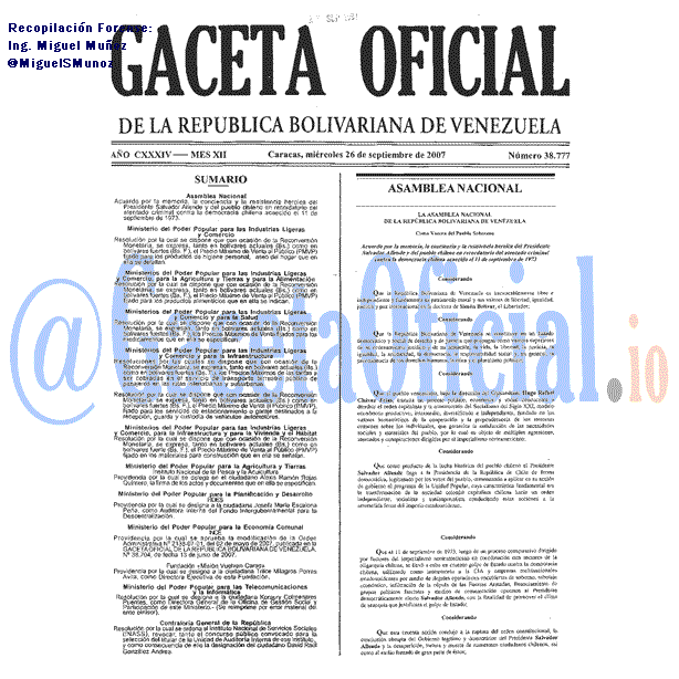 Gaceta Oficial 38777 del 26 Septiembre 2007