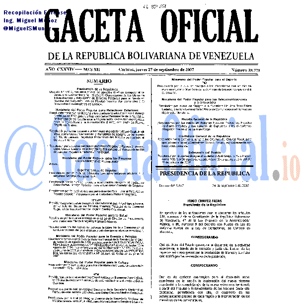 Gaceta Oficial 38778 del 27 Septiembre 2007