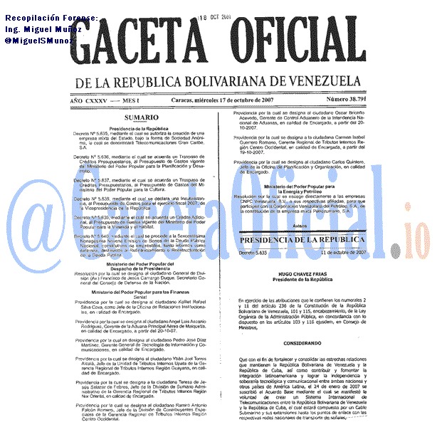 Gaceta Oficial 38791 del 17 Octubre 2007