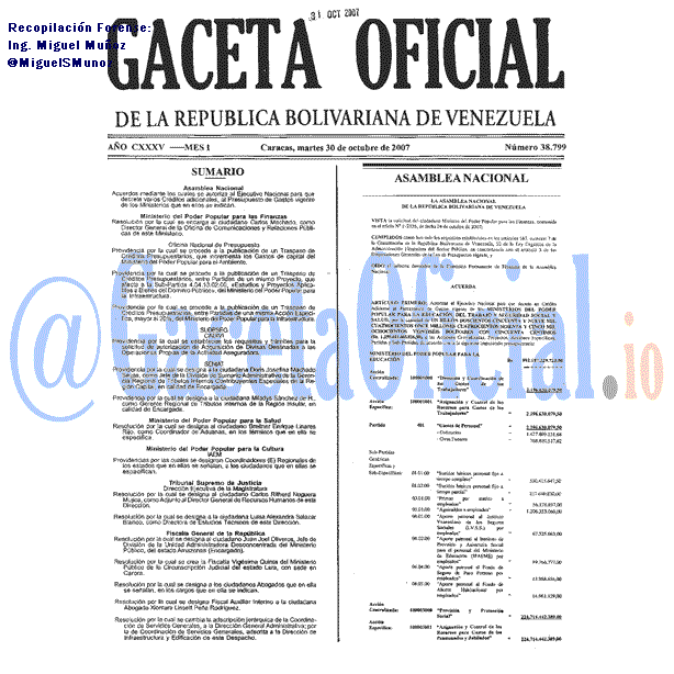 Gaceta Oficial 38799 del 30 Octubre 2007