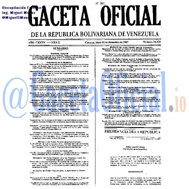 Gaceta Oficial 38828 del 10 Diciembre 2007