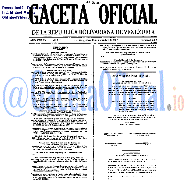 Gaceta Oficial 38831 del 13 Diciembre 2007