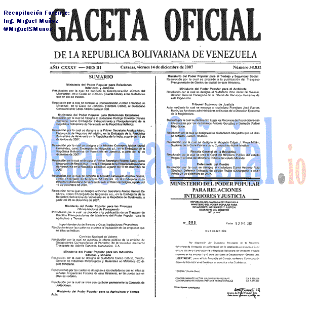 Gaceta Oficial 38832 del 14 Diciembre 2007