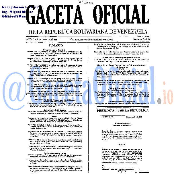 Gaceta Oficial 38834 del 18 Diciembre 2007