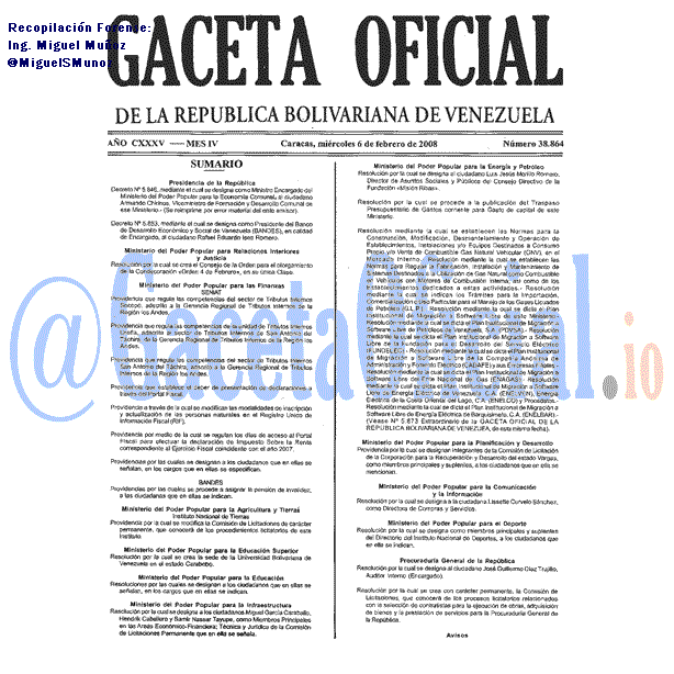 Gaceta Oficial 38864 del 6 Febrero 2008