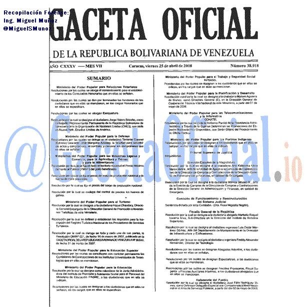 Gaceta Oficial 38918 del 25 Abril 2008