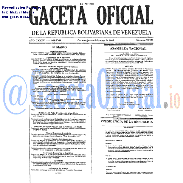 Gaceta Oficial 38926 del 8 Mayo 2008