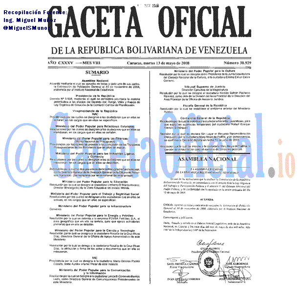 Gaceta Oficial 38929 del 13 Mayo 2008