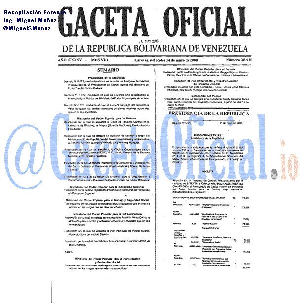 Gaceta Oficial 38930 del 14 Mayo 2008
