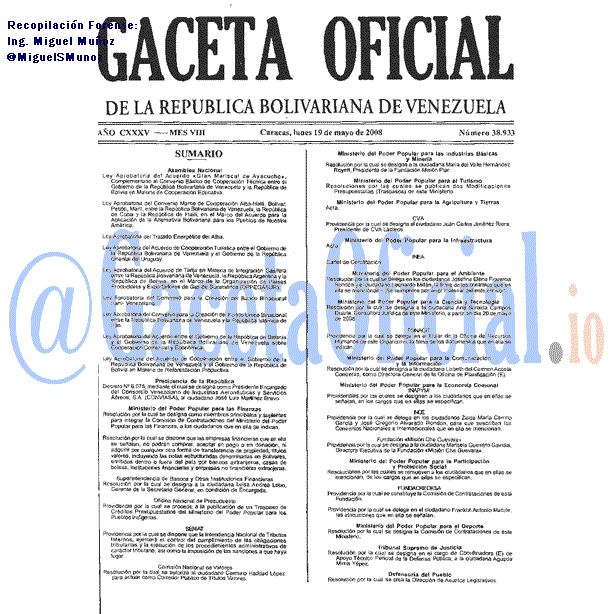 Gaceta Oficial 38933 del 19 Mayo 2008