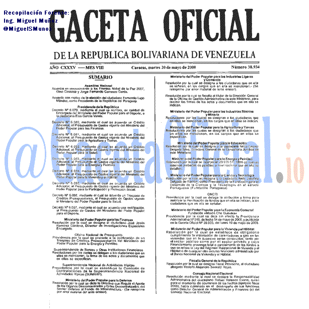 Gaceta Oficial 38934 del 20 Mayo 2008