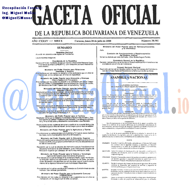 Gaceta Oficial 38981 del 28 Julio 2008