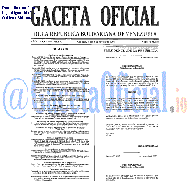 Gaceta Oficial 38986 del 4 Agosto 2008