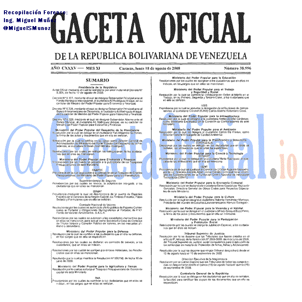 Gaceta Oficial 38996 del 18 Agosto 2008
