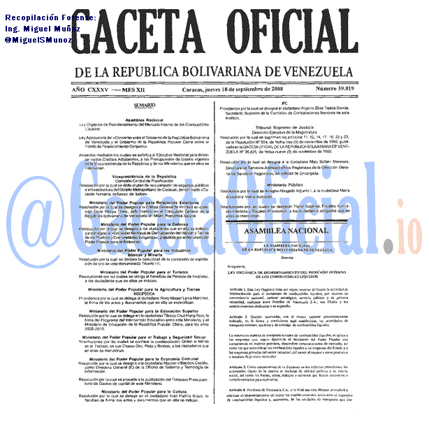 Gaceta Oficial 39019 del 18 Septiembre 2008
