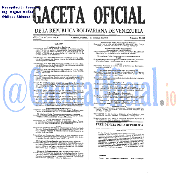 Gaceta Oficial 39042 del 21 Octubre 2008