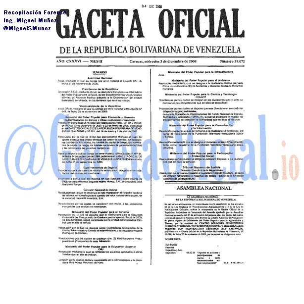 Gaceta Oficial 39072 del 3 Diciembre 2008