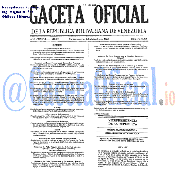 Gaceta Oficial 39076 del 9 Diciembre 2008