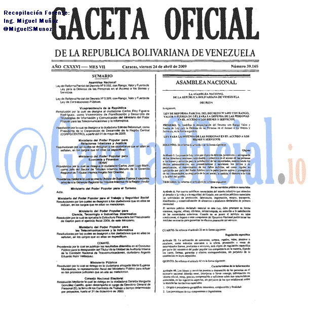Gaceta Oficial 39165 del 24 Abril 2009