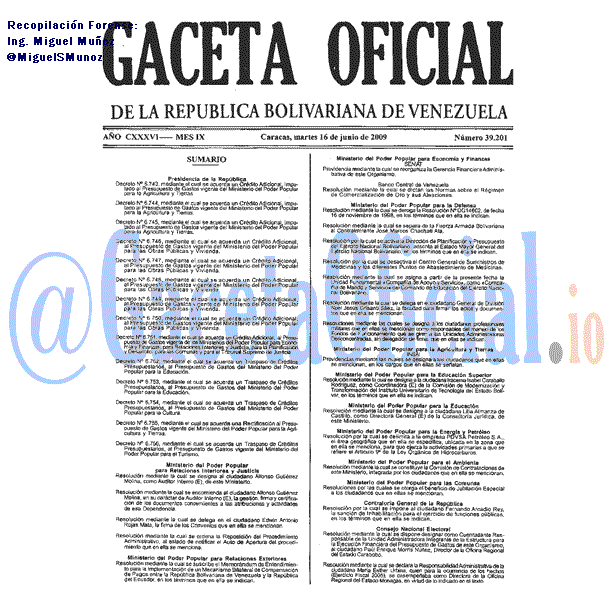 Gaceta Oficial 39201 del 16 Junio 2009