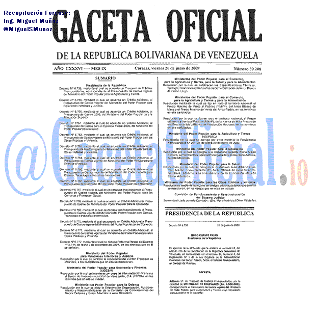 Gaceta Oficial 39208 del 26 Junio 2009