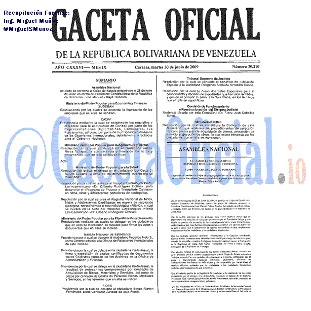 Gaceta Oficial 39210 del 30 Junio 2009