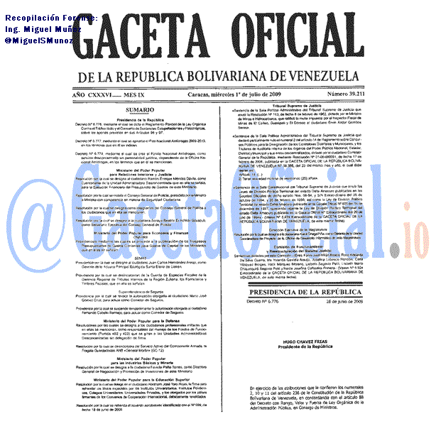 Gaceta Oficial 39211 del 1 Julio 2009