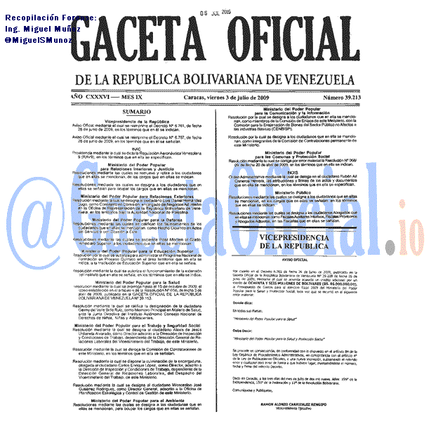 Gaceta Oficial 39213 del 3 Julio 2009