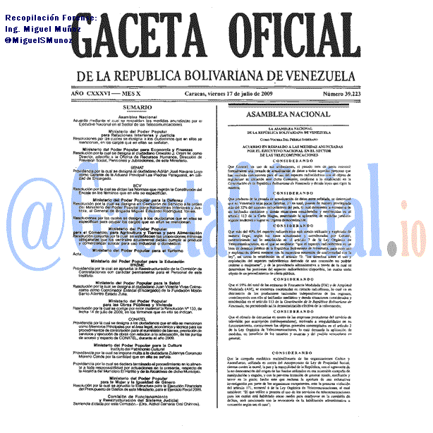 Gaceta Oficial 39223 del 17 Julio 2009