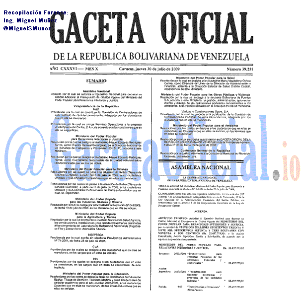 Gaceta Oficial 39231 del 30 Julio 2009