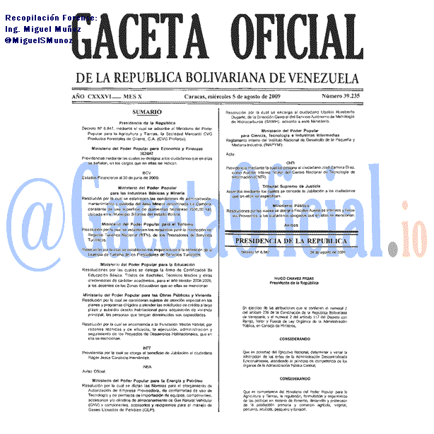 Gaceta Oficial 39235 del 5 Agosto 2009