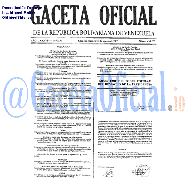 Gaceta Oficial 39252 del 28 Agosto 2009