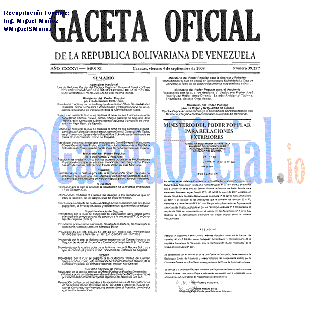 Gaceta Oficial 39257 del 4 Septiembre 2009