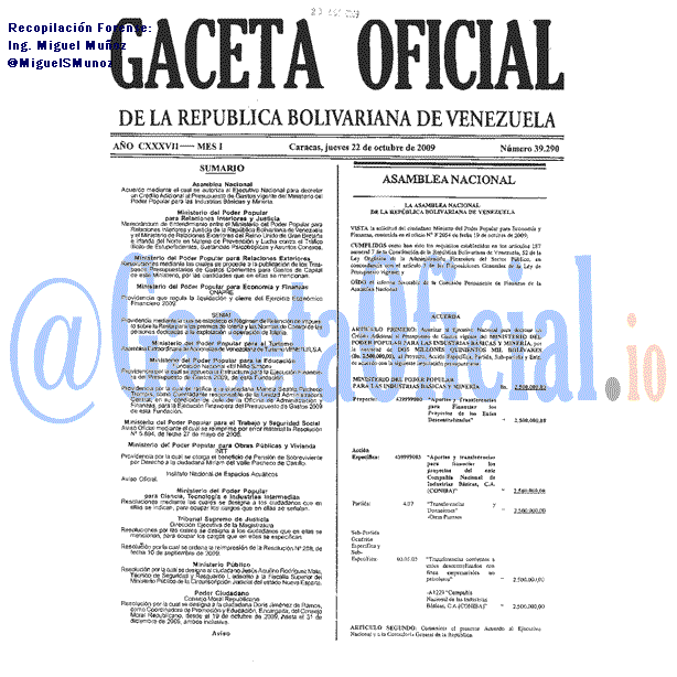 Gaceta Oficial 39290 del 22 Octubre 2009