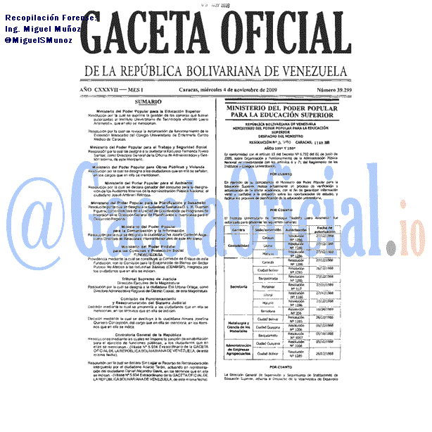 Gaceta Oficial 39299 del 4 Noviembre 2009