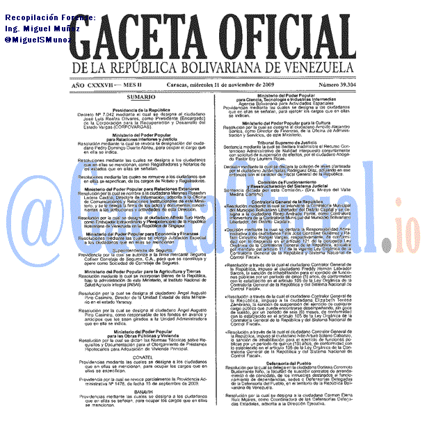 Gaceta Oficial 39304 del 11 Noviembre 2009