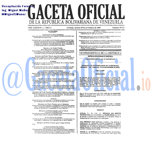 Gaceta Oficial 39311 del 20 Noviembre 2009