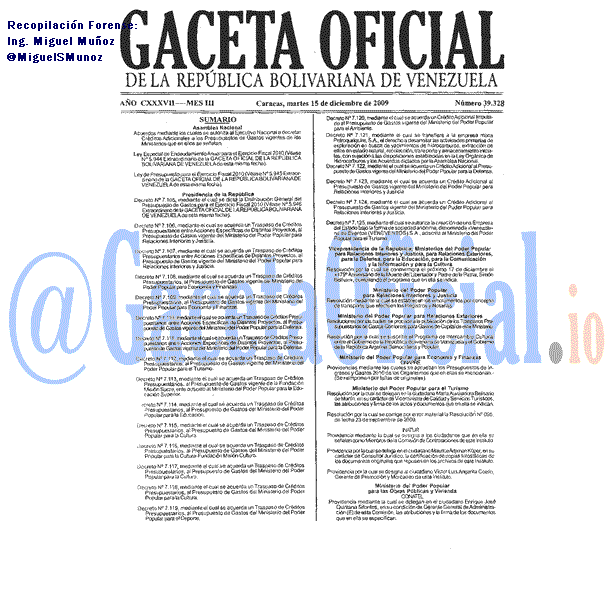Gaceta Oficial 39328 del 15 Diciembre 2009