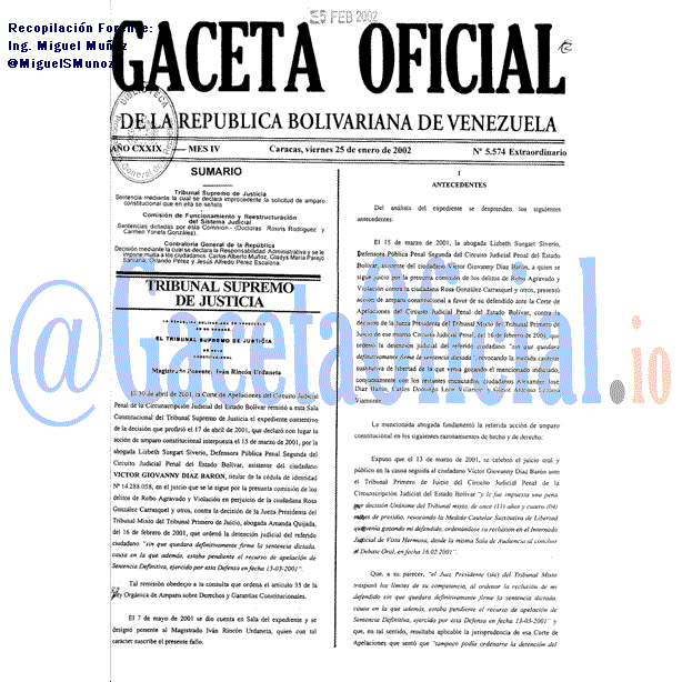 Gaceta Oficial 5574 del 25 Enero 2002